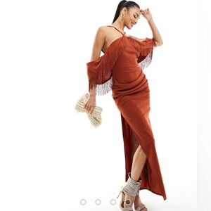 ASOS Dress Size 8 Brown Halter Fringe Maxi Slit Off Shoulder Stretch Column Rust